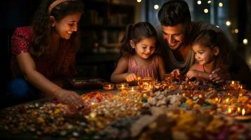 Indian family celebrating Diwali festival with lit candles and sweets. photo