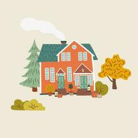 Hand drawn Scandinavian house surrounded by Autumn plants. Countryside house decorated with pumpkins, houseplants and candles. Flat style vector illustration.