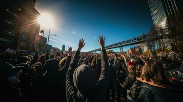 Group of demonstrators protesting in the city. Human rights rally and justice warrior concept. photo