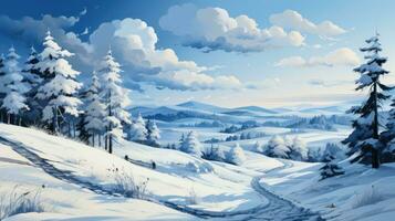 invierno paisaje con nieve cubierto arboles y azul cielo. 3d representación foto