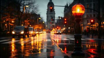 Lantern in the city at night, Poland. photo