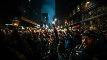 Group of demonstrators protesting in the city. Human rights rally and justice warrior concept. photo