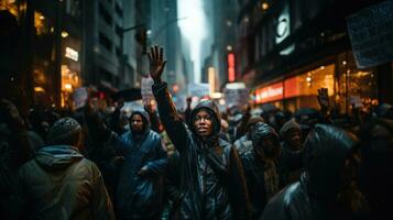 Group of demonstrators protesting in the city. Human rights rally and justice warrior concept. photo