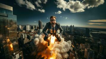 Top view of businessman flying on rocket with cityscape in the background. photo