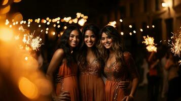 Group of happy young women with sparklers in the city at night photo