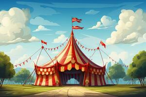 Circus tent against the blue sky with clouds. Circus poster, poster. World Circus Day. Generated by artificial intelligence photo