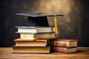 Graduation cap on a stack of books on wooden desk , education background. Generated by artificial intelligence photo