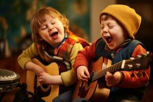 dos niños con abajo síndrome aprender a jugar el guitarra en un colegio clase. tener divertido y reír. ellos canta fuerte. infancia autismo. educación de niños con discapacidades niños ai generado foto