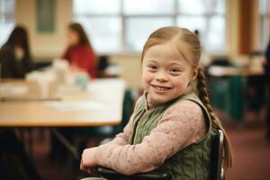 Girl, kid with Down syndrome, sits in school classroom at desk before lesson, smiling. Inclusivity and education. Autism. Education for children with Down syndrome. Autistic kid AI generated photo