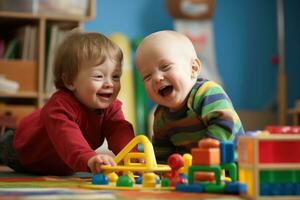 Little Kids boys with Down Syndrome playing together in a colorful playroom. Joy and camaraderie. Childhood autism. Education of children with disabilities. Children with Down syndrome. AI generated photo