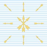 Seamless vector background in white and blue stripes with golden arrows. Symmetrical illustration on a marine theme.