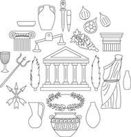 Collection of contour illustrations about Greece - architecture, columns, jugs, arrows, spear, figs, grapes, toga, cypresses, laurel wreath, scales vector