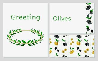 Collection of designs - template laurel wreath greeting, card template with black olives and leaves, pattern of olivesCollection of designs - template with laurel wreath greeting, black olives vector