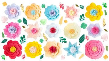 Paper craft flowers and leaves design elements cut out on white background photo