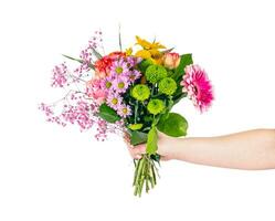 Giving flowers as a gift. Isolated on transparent white background photo