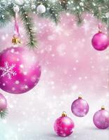 pink christmas background with baubles and place for text photo