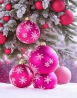 pink christmas background with baubles and place for text photo