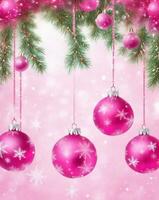 pink christmas background with baubles and place for text photo