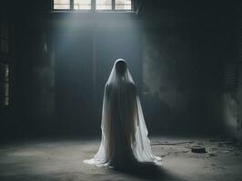 de miedo fantasma mujer en obsesionado abandonado casa, Víspera de Todos los Santos fondo generado foto
