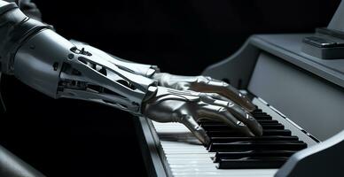 robótico manos jugando piano, Ciencias y tecnología concepto, ai generado foto