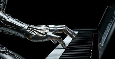 robótico manos jugando piano, Ciencias y tecnología concepto, ai generado foto