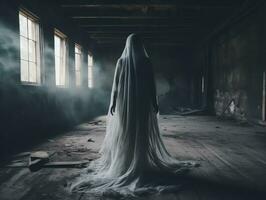 de miedo fantasma mujer en obsesionado abandonado casa, Víspera de Todos los Santos fondo, ai generado foto