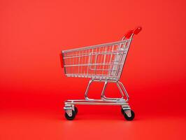 Blank empty shopping cart on red background, black friday concept, AI Generated photo