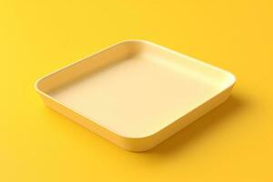 Blank empty plastic or paper tray mockup on yellow background, AI Generated photo