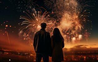 Young couple standing in the park and watching the fireworks together, celebration event, AI Generated photo