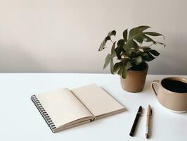 negocio espacio de trabajo escritorio con blanco papel, café y planta en mesa fondo, ai generado foto