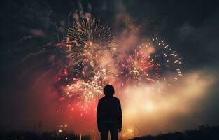 joven hombre en pie en el parque y acecho el fuegos artificiales, celebracion evento, ai generado foto