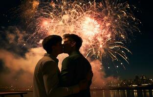 joven gay Pareja besos juntos con fuegos artificiales en fondo, celebracion evento, ai generado foto