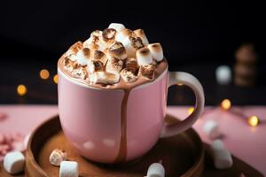 a mug with hot chocolate with melt marshmallo and snowman for topping, seasonal drink, AI Generated photo