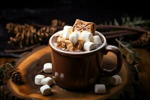 a mug with hot chocolate with melt marshmallo and snowman for topping, seasonal drink, AI Generated photo