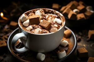 un jarra con caliente chocolate con fundir malvavisco y monigote de nieve para Adición, estacional beber, ai generado foto