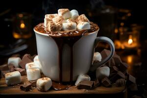 A mug with hot chocolate with melt marshmallo and snowman for topping, seasonal drink, AI Generated photo