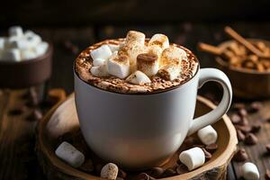 A mug with hot chocolate with melt marshmallo and snowman for topping, seasonal drink, AI Generated photo