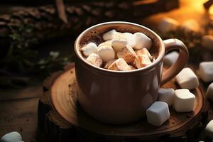 a mug with hot chocolate with melt marshmallo and snowman for topping, seasonal drink, AI Generated photo