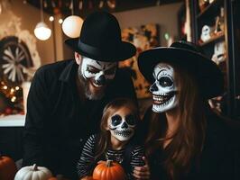 happy family having fun in costumes and makeup on a celebration of Halloween, AI Generated photo