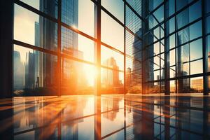 Modern office walls of business building with sunlight reflection on window glass, AI Generated photo