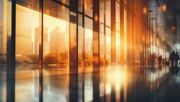 Modern office walls of business building with sunlight reflection on window glass, AI Generated photo