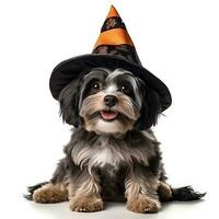 Cute puppy dog wearing halloween hat, isolated on white background,AI Generated photo