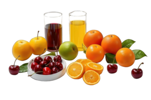 varietà di frutta frullati, con loro ingredienti, ai generato png