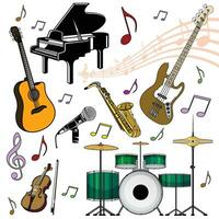 Vector set of musical instruments. Cartoon colored isolated objects on a white background