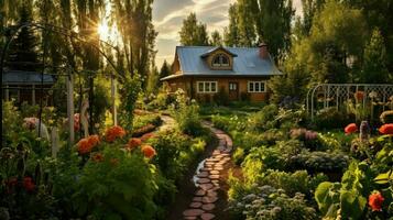 al aire libre ruso dacha jardines ai generado foto