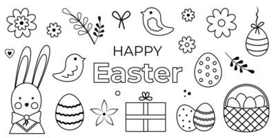 Happy Easter set of holiday elements and festive objects. Linear vector illustration of Easter eggs, bunny, birds and flowers. Hand drawn doodle style. Greeting text design.