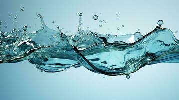 Studio light banner of clean refreshing blue water on solid turquoise background with splashes and drops. Copy space. Ai generated. photo