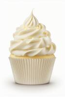 Cupcake with vanilla cream isolated on white background. Delicious dessert and sweet food. photo