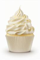 Cupcake with vanilla cream isolated on white background. Delicious dessert and sweet food. AI Generative photo