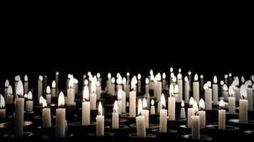 Many wax candles burning in the dark with lights glow. Copy space. photo